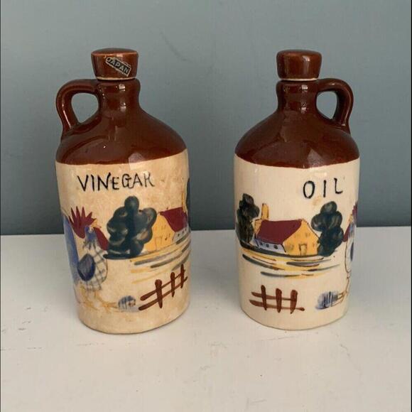Vintage Relco Blue Rooster Oil Vinegar Cruet Brown Jug Country Kitchen Japan - Picture 11 of 11